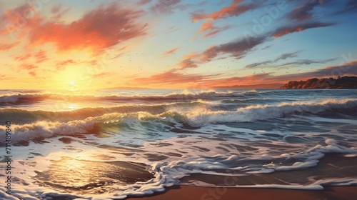 An ultra-realistic seascape during a sunset  vibrant hues painting the sky  waves gently breaking on sandy shores  distant silhouettes of coastal mountains - Generative AI