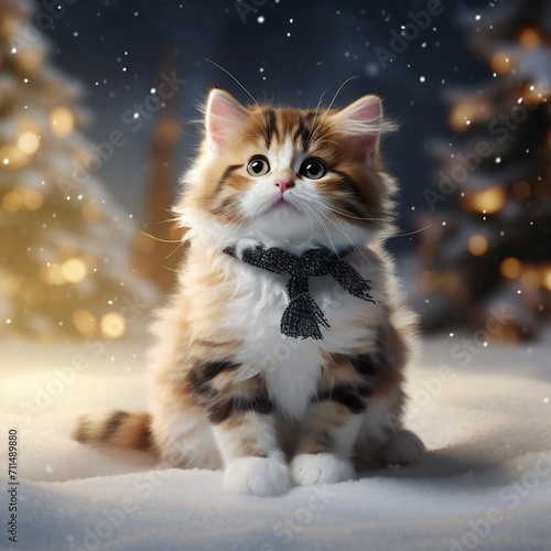 A plump kitten in a scarf sits in the snow