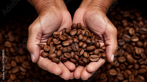 Uma mão segurando um punhado de grãos de café