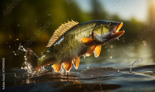 Dynamic Image of a Large Freshwater Perch Leaping from Water, Splashing with Greenery in Background, Concept of Fishing Trophy