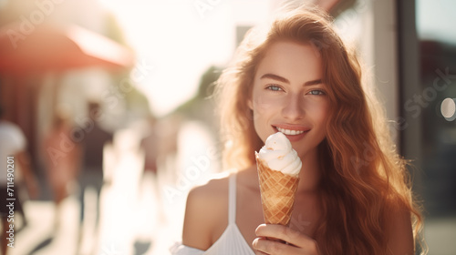 mulher loira tomando um sorvete de casquinha 