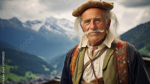 Homem idoso com roupas tradicionais no alpine de montanhas photo
