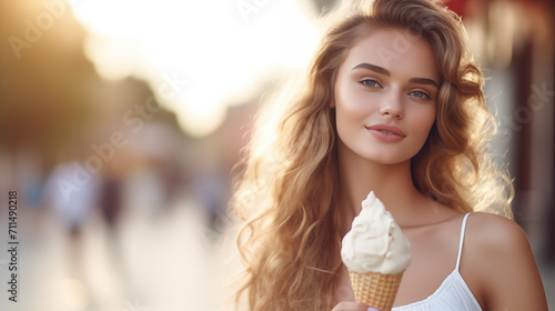 mulher loira tomando um sorvete de casquinha  photo
