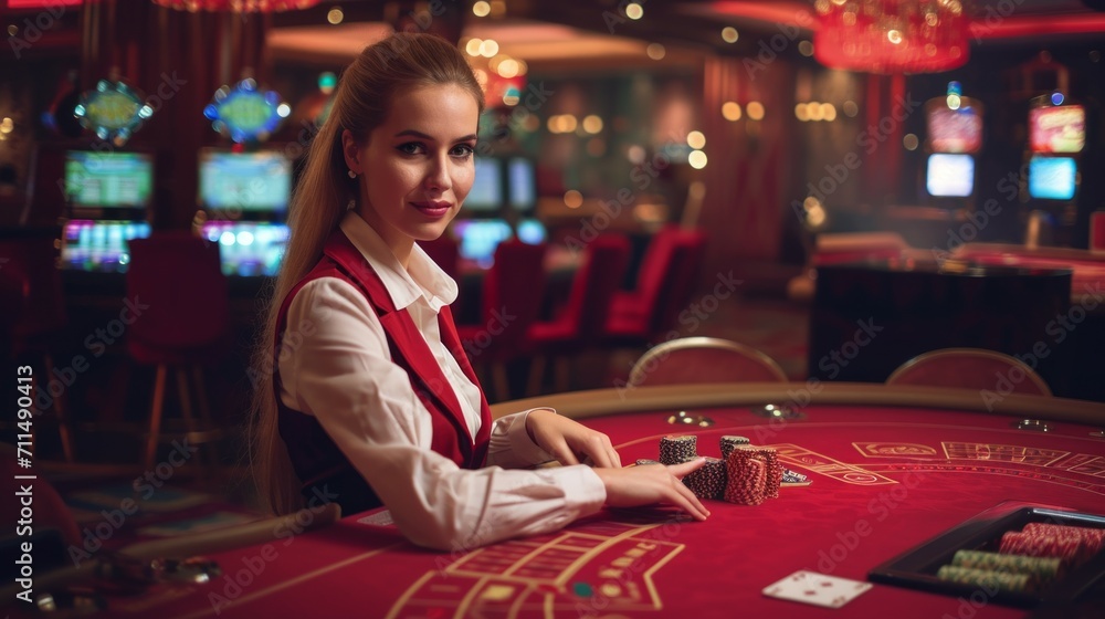 Portrait of a Female Croupier Looking at the Camera and  - obrazy, fototapety, plakaty 