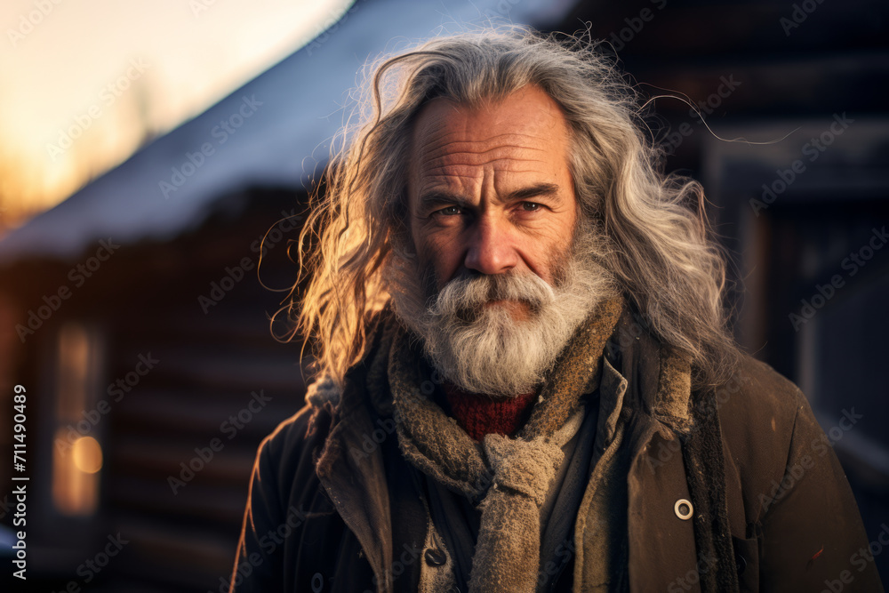 Weathered Wisdom: A Portrait of an Elderly Man with Snowy Hair and Deep-Set Eyes, Standing Against the Rustic Charm of His Old Country Home, Illuminated by the Golden Sunset