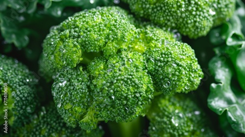 Fresh Broccoli Buds with Droplets of Water, Top-View Close-Up Background    