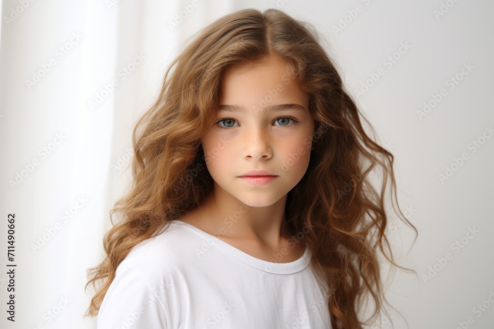 Portrait of a beautiful little girl with long curly hair on a white background Portrait of a beautiful little girl with long curly hair on a white background