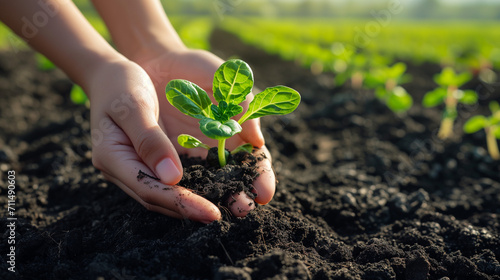 young plant growing in garden with sunlight, Young plant in hands in background of agricultural field area. Woman holding in hands green sprout seedling on black soil. Concept of Earth day, organic 