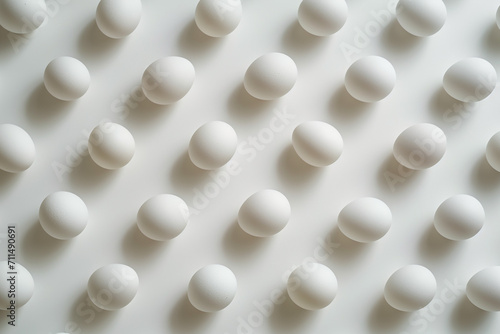 Flat lay of white eggs on a white background.Minimal concept pattern.