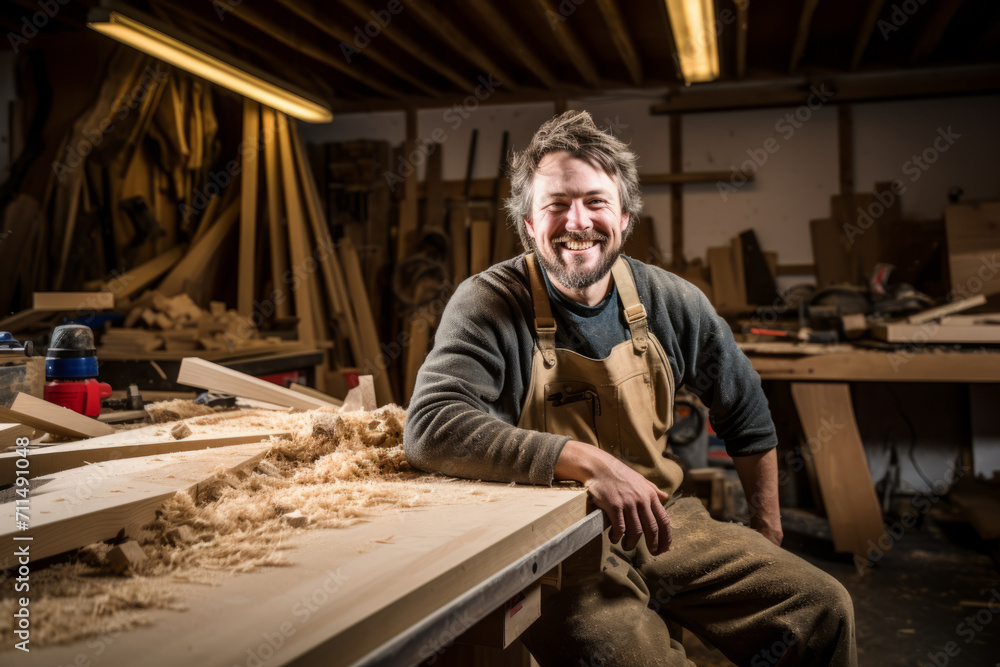 Accomplished Carpenter Basking in the Satisfaction of a Job Well Done, Surrounded by Wood Shavings on the Workshop Floor, Representing the Fruits of His Labor Accomplished Carpenter Basking in the Satisfaction of a Job Well Done, Surrounded by Wood Shavings on the Workshop Floor, Representing the Fruits of His Labor