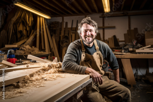 Accomplished Carpenter Basking in the Satisfaction of a Job Well Done, Surrounded by Wood Shavings on the Workshop Floor, Representing the Fruits of His Labor