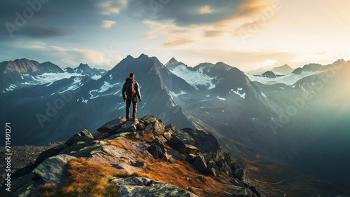 Man hiking at sunset mountains with heavy backpack Travel Lifestyle wanderlust adventure concept