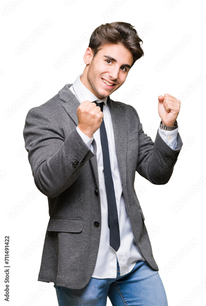 Young business man wearing suit and tie over isolated background very happy and excited doing winner gesture with arms raised, smiling and screaming for success. Celebration concept. Young business man wearing suit and tie over isolated background very happy and excited doing winner gesture with arms raised, smiling and screaming for success. Celebration concept.