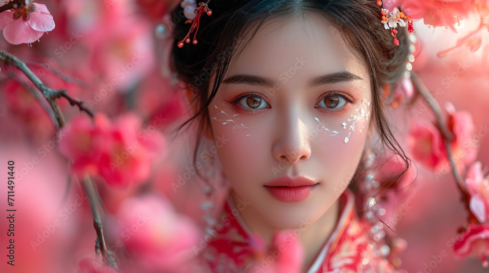 A stunning portrait of an Asian woman adorned in traditional garments, surrounded by cherry blossoms, exuding grace and cultural richness. A stunning portrait of an Asian woman adorned in traditional garments, surrounded by cherry blossoms, exuding grace and cultural richness.