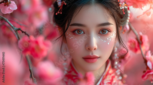 A stunning portrait of an Asian woman adorned in traditional garments, surrounded by cherry blossoms, exuding grace and cultural richness.