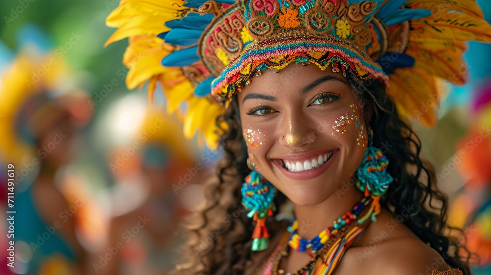A Latin American woman dancing in a colorful carnival costume, radiating joy and energy during a festive celebration.