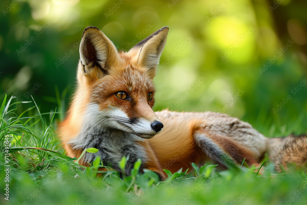 Young Red Fox Lying on the Grass in A Green Natural Background, ai technology Young Red Fox Lying on the Grass in A Green Natural Background, ai technology