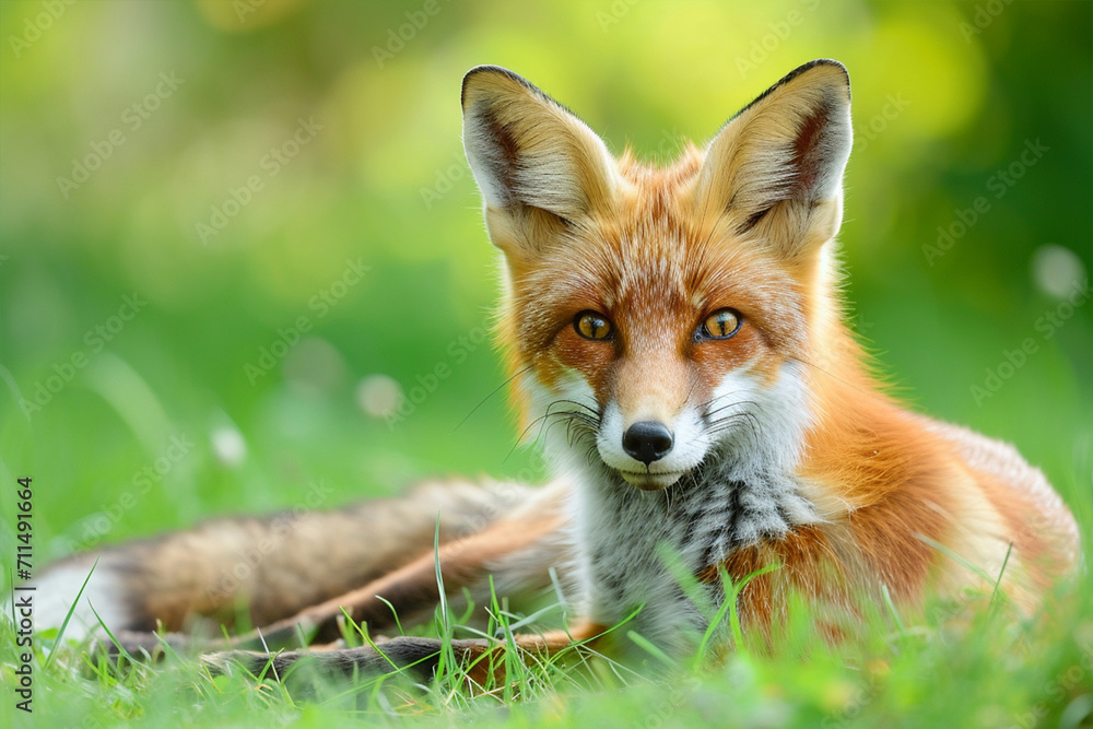 Obraz premium Young Red Fox Lying on the Grass in A Green Natural Background, ai technology