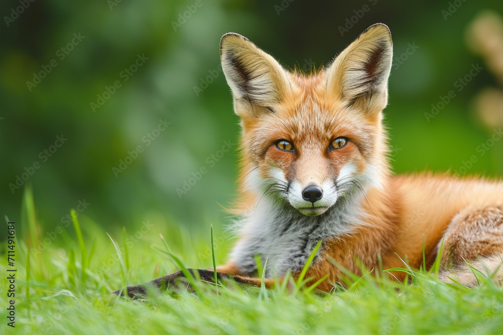 Young Red Fox Lying on the Grass in A Green Natural Background, ai technology Young Red Fox Lying on the Grass in A Green Natural Background, ai technology