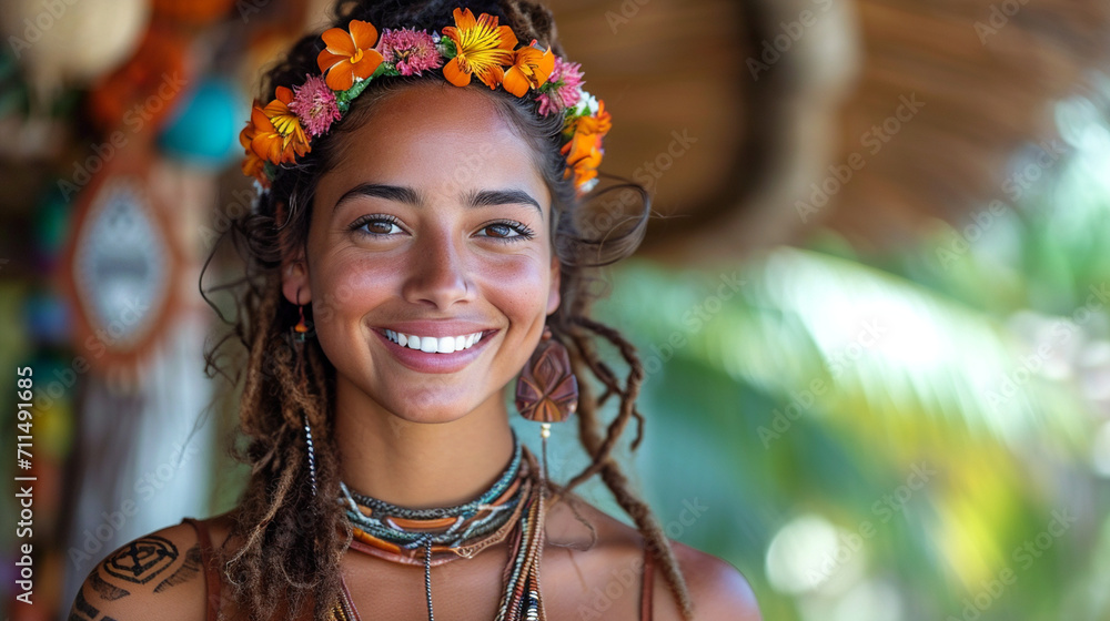 A South Pacific Islander woman adorned in traditional tattoos and floral adornments, sharing a warm smile against the backdrop of a tropical paradise. A South Pacific Islander woman adorned in traditional tattoos and floral adornments, sharing a warm smile against the backdrop of a tropical paradise.
