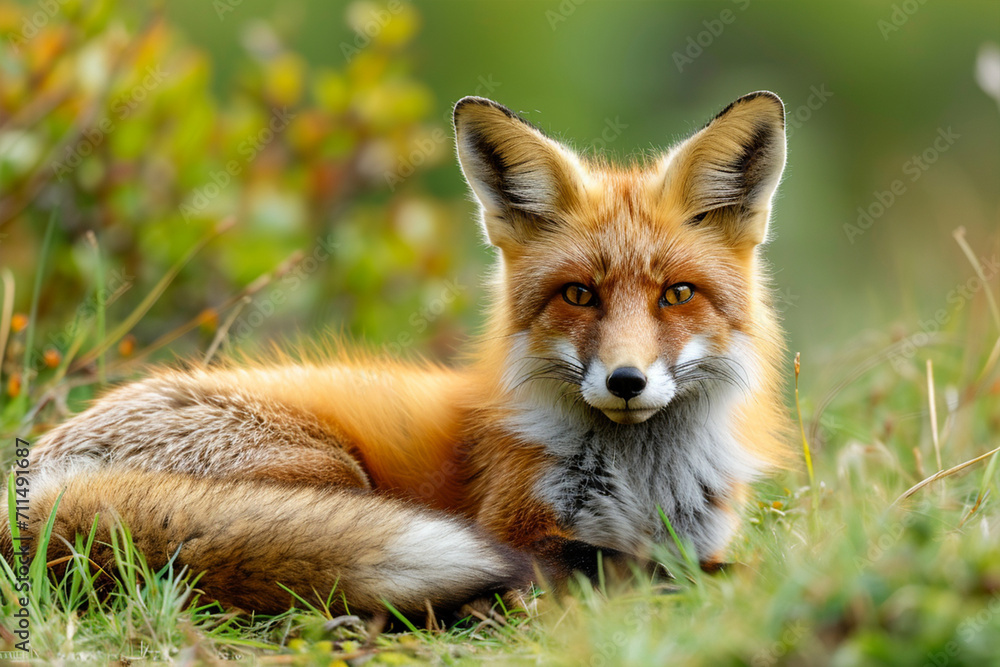 Fototapeta premium Young Red Fox Lying on the Grass in A Green Natural Background, ai technology