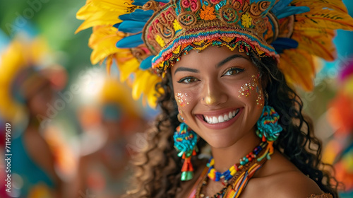 A Latin American woman dancing in a colorful carnival costume, radiating joy and energy during a festive celebration.