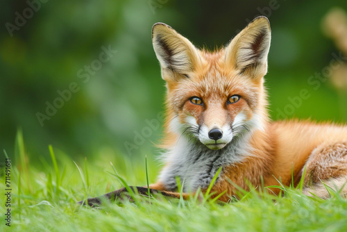 Young Red Fox Lying on the Grass in A Green Natural Background, ai technology