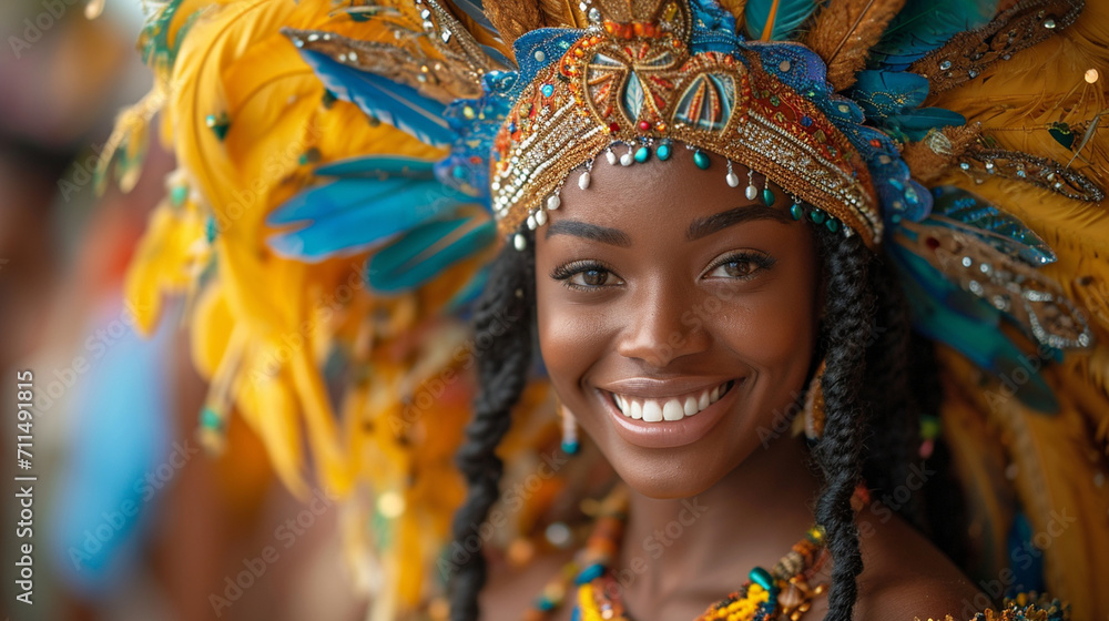 A Caribbean woman in a carnival costume, showcasing the vibrant colors and dynamic energy of Caribbean culture during a lively parade. A Caribbean woman in a carnival costume, showcasing the vibrant colors and dynamic energy of Caribbean culture during a lively parade.