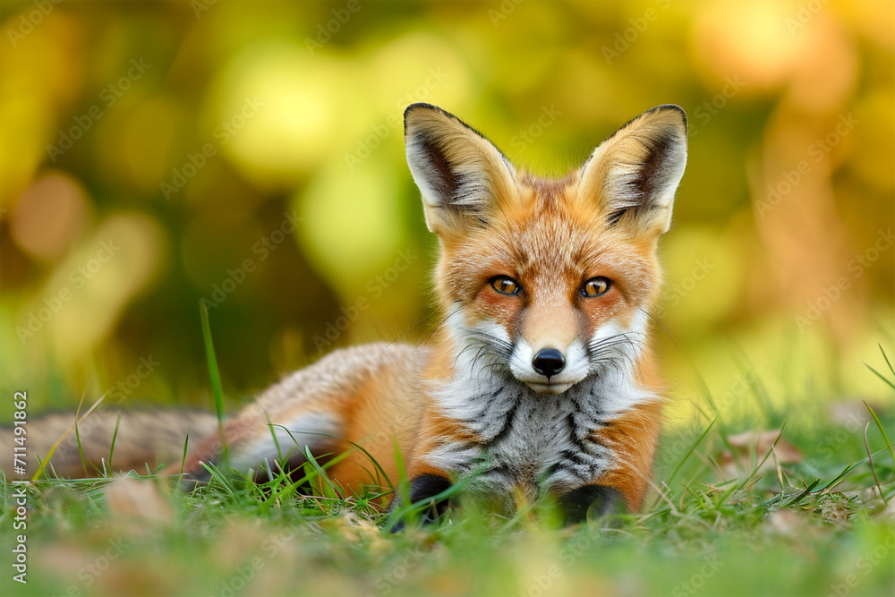 Young Red Fox Lying on the Grass in A Green Natural Background, ai technology