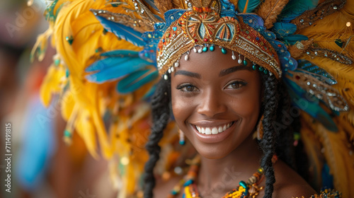 A Caribbean woman in a carnival costume, showcasing the vibrant colors and dynamic energy of Caribbean culture during a lively parade. © Наталья Евтехова