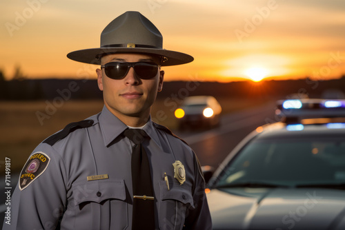 A dedicated State Trooper stands tall in his uniform, with the setting sun casting a warm glow over the highway and his patrol car in the background photo