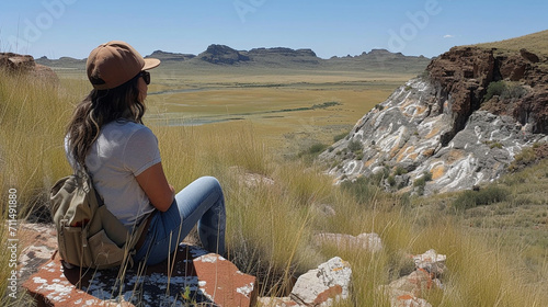 An Australian Aboriginal woman connecting with her indigenous heritage, surrounded by ancient rock art in the vast Outback landscape. photo