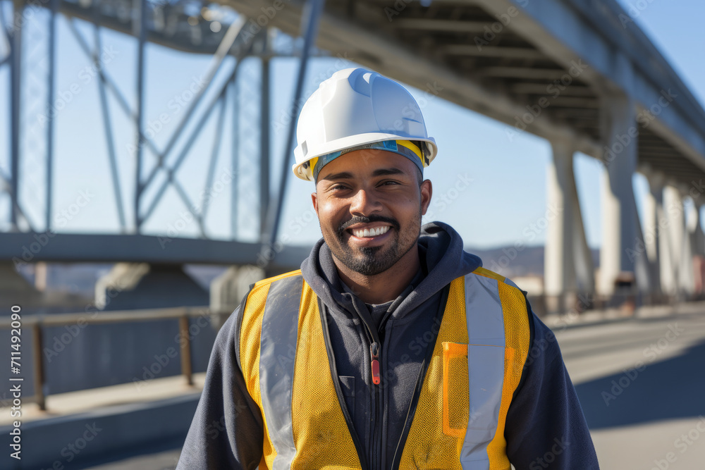 A dedicated Civil Engineer from Public Works Department, standing proudly in front of a newly constructed bridge, holding blueprints and wearing a hard hat A dedicated Civil Engineer from Public Works Department, standing proudly in front of a newly constructed bridge, holding blueprints and wearing a hard hat