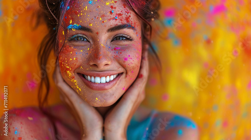 A woman of South Asian descent participating in the colorful celebration of Holi  with vibrant powders creating a visually stunning and joyful atmosphere.