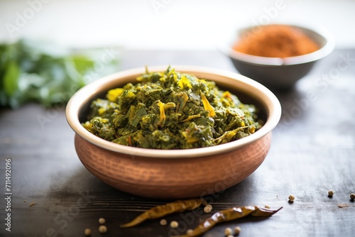 partially blended saag aloo showing leafy texture