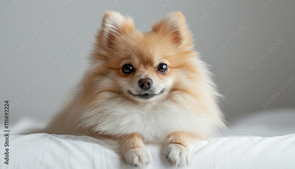  Pomeranian in a cute and endearing pose against a simple white setting, pomeranian spitz puppy.