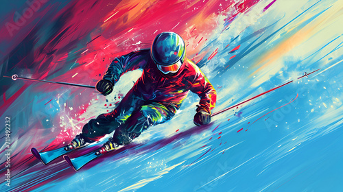 extreme skier with a focus on a dynamic stride, energy and motion, vibrant colors, abstract background  photo