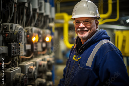 A seasoned Power Plant Operator, with years of experience etched on his face, stands proudly in front of the humming machinery that powers our everyday lives photo