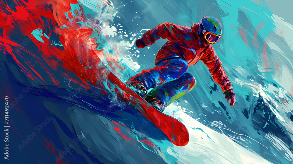 snowboarder on the slope with a focus on a dynamic stride, energy and motion, vibrant colors, abstract background 