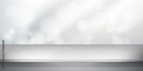Metal tabletop on bokeh abstract background. Kitchen steel table or countertop. Realistic vector illustration