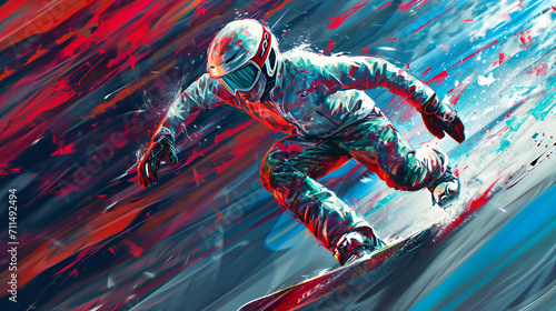 Extreme snowboarder with a focus on a dynamic stride, energy and motion, vibrant colors, abstract background 