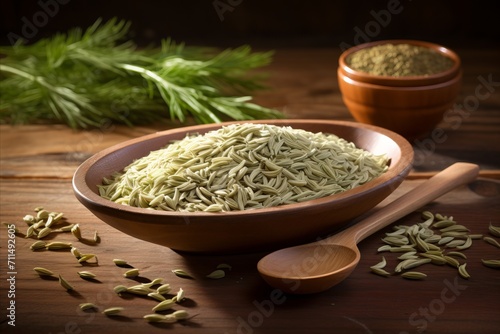 Cumin seeds and caraway seeds in white spoon on wooden board for cooking and seasoning