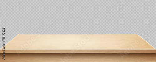 Wooden surface of desk isolated on transparent background. Kitchen top made of timber board. Light wooden tabletop. Realistic vector illustration