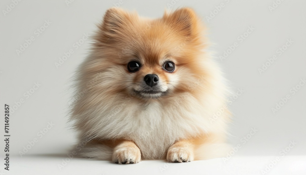 Pomeranian in a cute and endearing pose against a simple white setting, pomeranian spitz puppy.