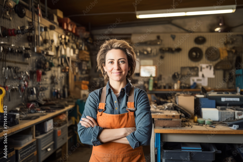 Portrait of a Determined Female Locksmith, Surrounded by Her Tools and Keys, in Her Well-Organized Workshop