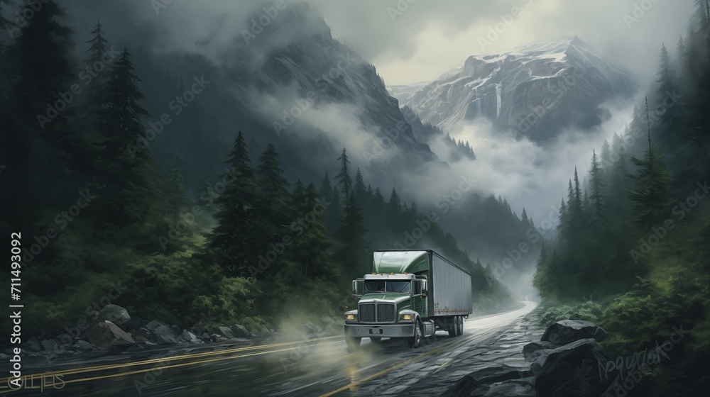 In the thick morning mist, a solitary truck transports cargo across majestic mountain passes. Generative ai.