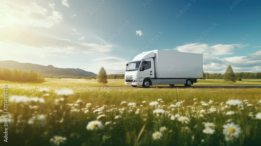 White truck mowing on picturesque landscape spring road. Delivery concept. Generative ai.