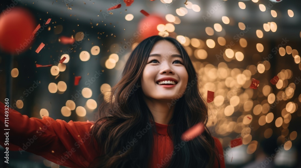 Asian woman celebrating new year eve on a blurred holiday background Asian woman celebrating new year eve on a blurred holiday background