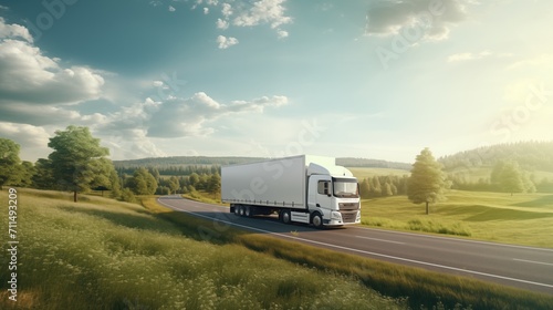 White truck mowing on picturesque landscape summer road. Delivery concept. Generative ai.