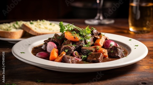 Beef Bourguignon A beef stew made with wine, onions, carrots, and mushroom